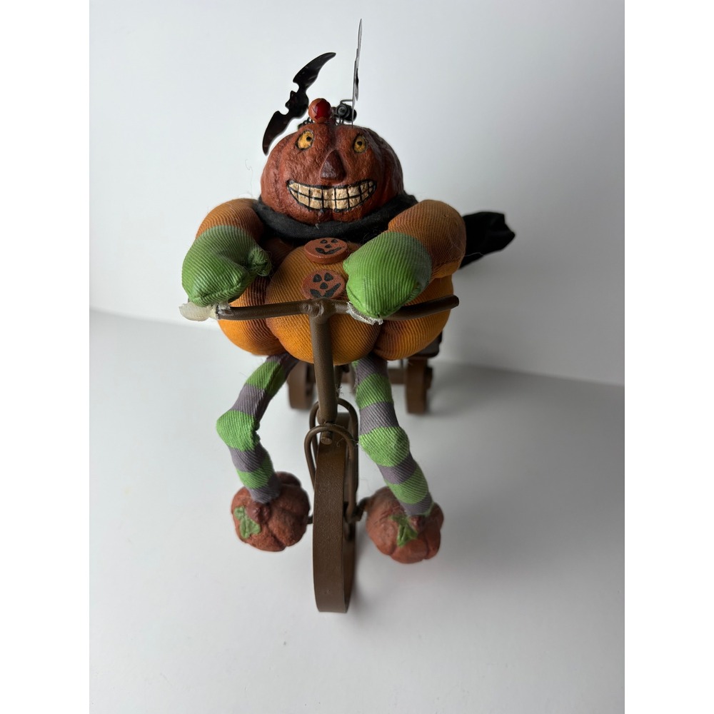 Halloween Pumpkin Man on Metal Tricycle with Wagon Primitive Folk Art Decor